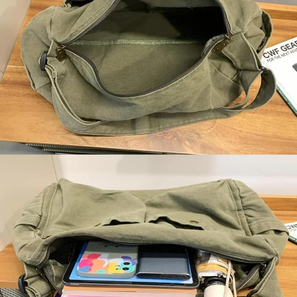 Large Canvas Hobo Bag Unisex Crossbody Tote Multi-Pocket Durable Stylish